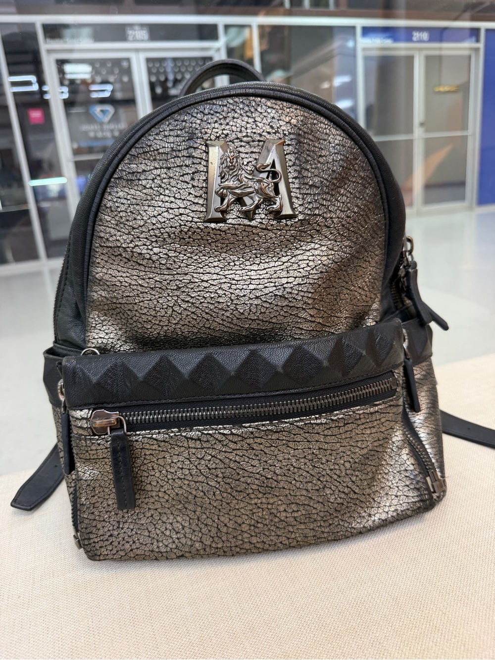 MCM Metallic Black Textured Backpack with pouch
